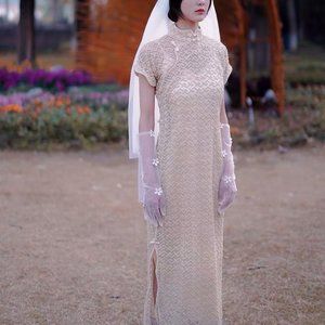 Creme Qipao Cheongsam midi dress